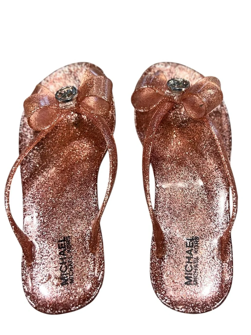 Michael Kors Rose Gold Glitter Jelly Bow Flip Flops Girls Size 1